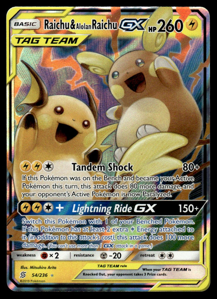 2019 Pokemon Sun & Moon - Unified Minds 54 Raichu & Alolan Raichu-GX Light Play