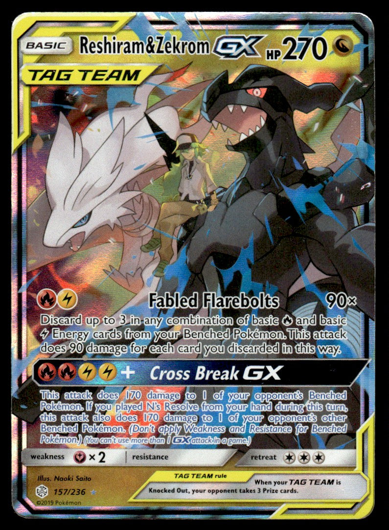 2019 Pokemon Sun & Moon - Cosmic Eclipse 157 Reshiram & Zekrom-GX Damaged
