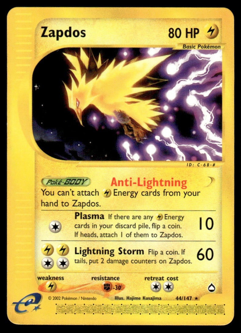 2003 Pokemon E-Card - Aquapolis 44 Zapdos Light Play