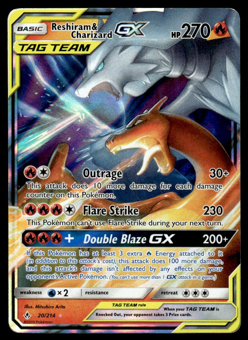 2019 Pokemon Sun & Moon - Unbroken Bonds 20 Reshiram & Charizard-GX Heavy Play