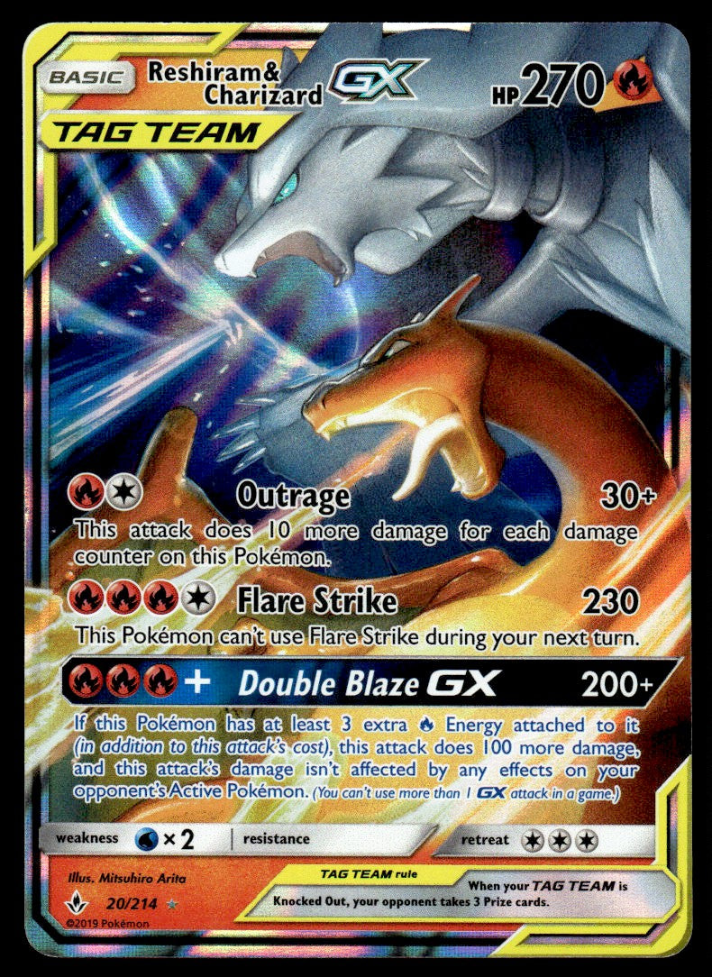 2019 Pokemon Sun & Moon - Unbroken Bonds 20/214 Reshiram & Charizard GX Heavy Play